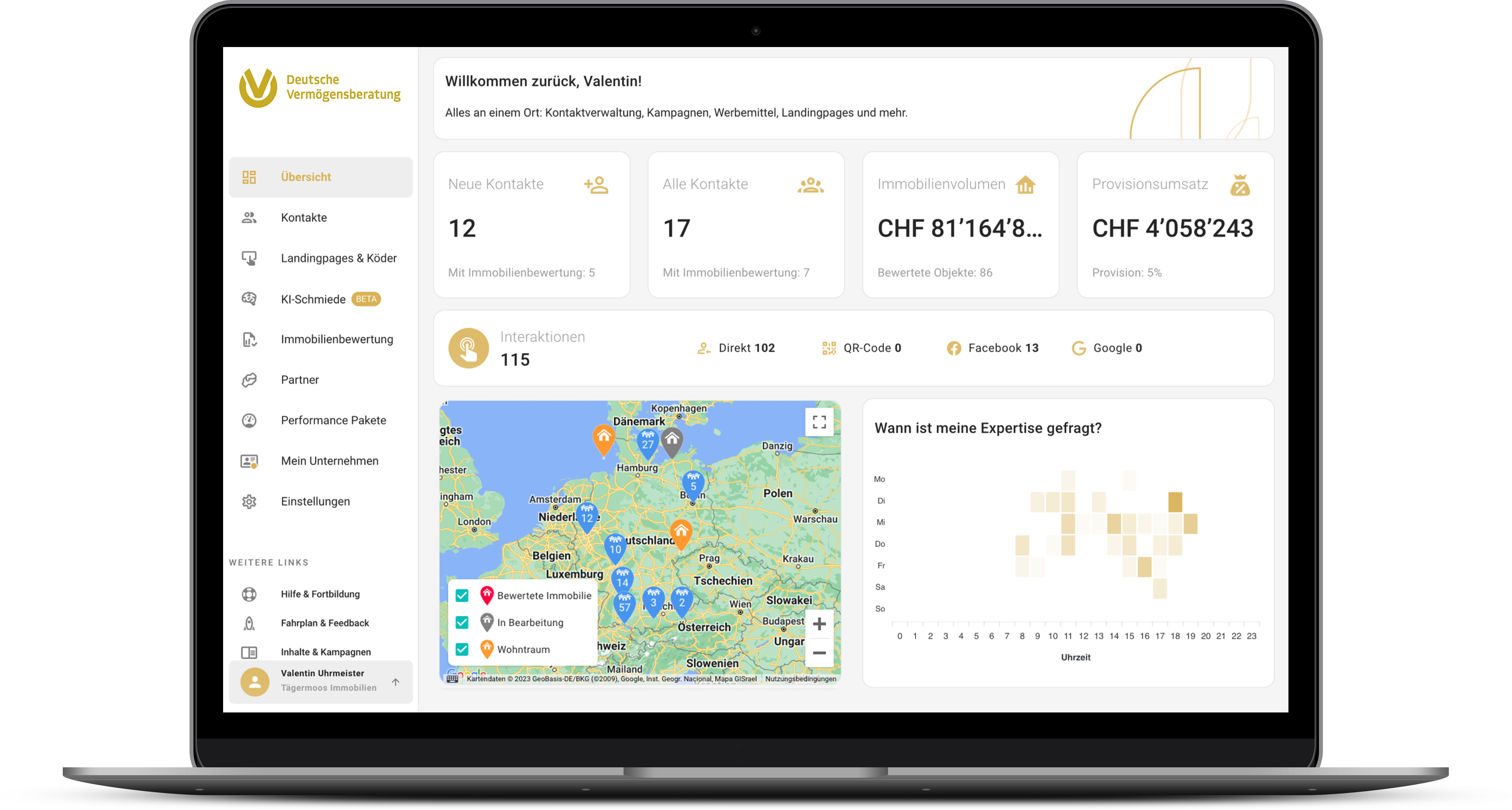 Dashboard des White-Label-Systems im DVAG-Markenauftritt auf einem Laptop