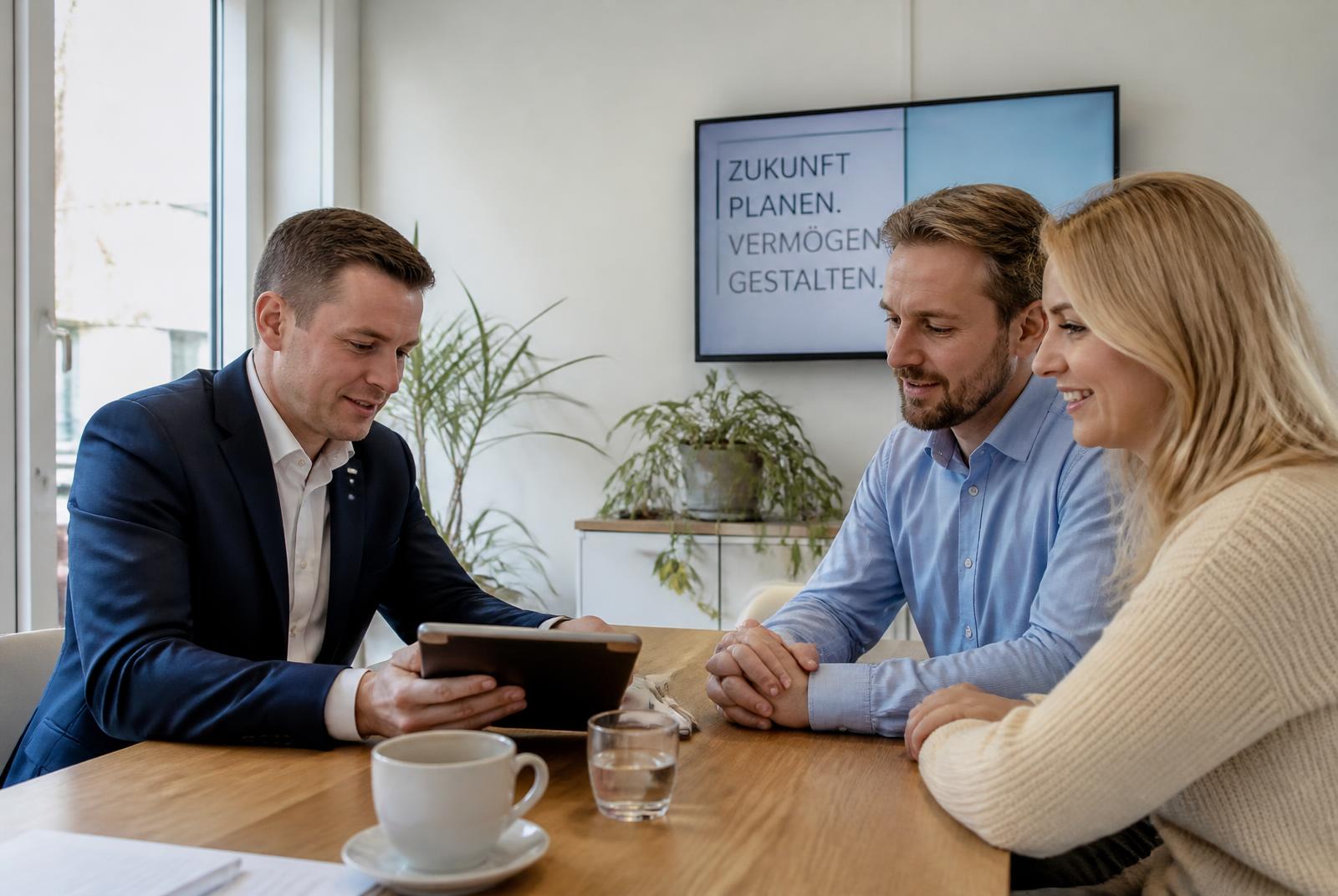 Persönliches Beratungsgespräch zwischen Finanzcoach und Kundenpaar